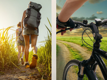 two people with backpacks hiking and up close picture of black bike